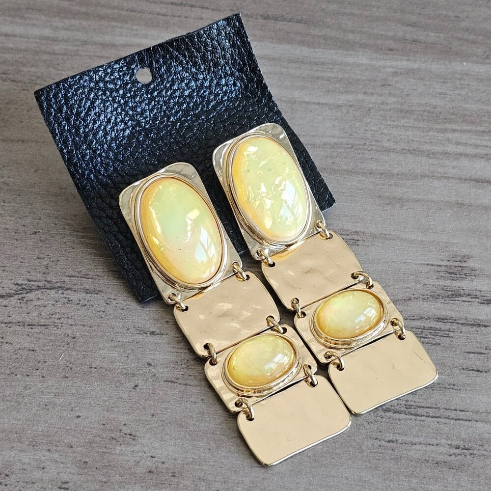 Free People Gold tone Square Drop Earrings Faux Yellow Opal 2.5" NEW